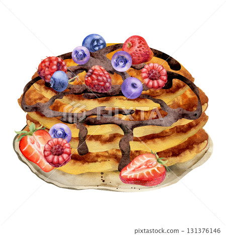 Ceramic tray with pancakes tower stack, fresh raspberries, blueberries and melted ganache chocolate. Isolated hand painted watercolor illustration. Dessert menus, cafe signage, sweet kitchen decor. Ceramic tray with pancakes tower stack, fresh raspberries, blueberries and melted ganache chocolate. Isolated hand painted watercolor illustration. Dessert menus, cafe signage, sweet kitchen decor. 131376146