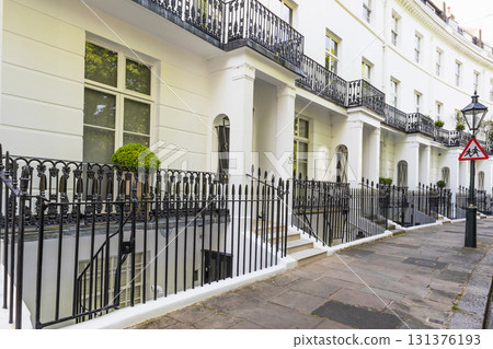 Elegant White Stucco Georgian Terraced Houses with Wrought Iron Railings, London Elegant White Stucco Georgian Terraced Houses with Wrought Iron Railings, London 131376193