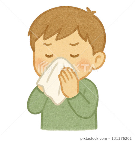 [People] Illustration of a boy blowing his nose 131376201