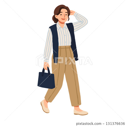 Illustration of a woman walking outdoors with a bag 131376636