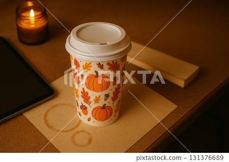 Autumn themed paper cup with pumpkins and leaves, resting on desk next to tablet, candle and coffee stain. 131376689