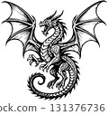 Black and white drawing of a dragon tattoo 131376736