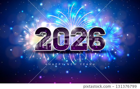 2026 Happy New Year Illustration with 3D Number and Fireworks on Night Blue Background. Christmas Holiday Design with Typography Lettering for Flyer, Greeting Card, Banner, Celebration Poster, Party 131376799