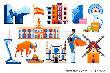 Spanish landmarks and symbols - set of flat design style objects Spanish landmarks and symbols - set of flat design style objects 131376849