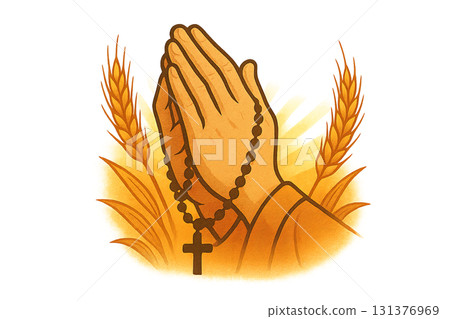Praying hands with rosary and wheat, symbolizing religious faith. Isolated on transparent background 131376969