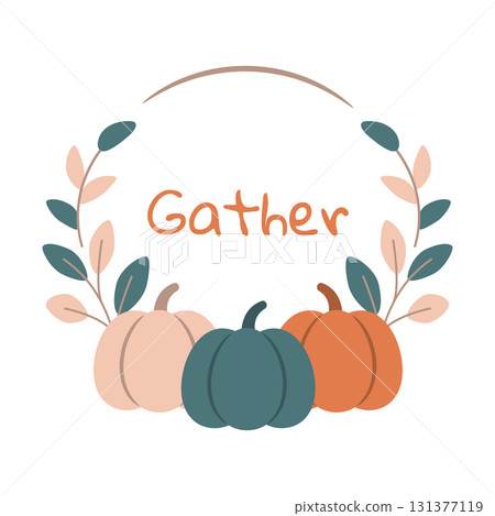 Gather pumpkin wreath illustration in modern autumn style 131377119