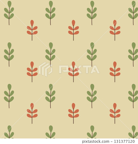 Seamless autumn pattern with simple green and red branches on beige background, minimal Scandinavian style design 131377120