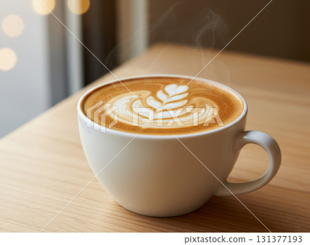 A hyper-realistic, high-detail close-up photograph of a perfectly crafted latte with complex latte art in a clean, stylish white ceramic mug A hyper-realistic, high-detail close-up photograph of a perfectly crafted latte with complex latte art in a clean, stylish white ceramic mug 131377193