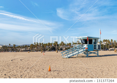 Classic lifeguard tower on a sandy beach 131377264