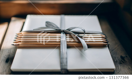 Creative workspace features a notebook wrapped with pencils and ribbon on wooden table 131377366