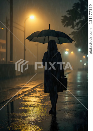 Woman walking in the rain on a dark night 131377539