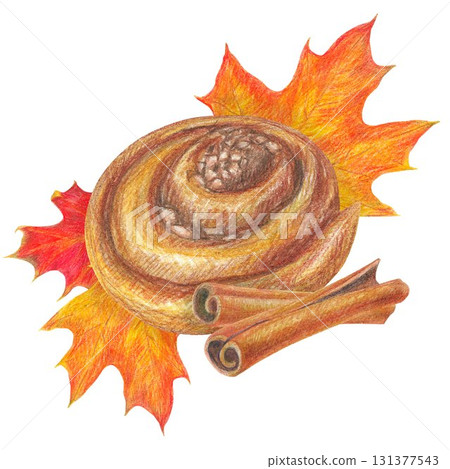 Hand drawn illustration with cinnamon bun, cinnamon and autumn maple leaves for graphic design. Autumn sweet food. Hand drawn colored pencil illustration on white background. 131377543
