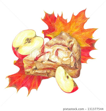 Hand drawn illustration with pice of apple pie, apple slices and autumn maple leaves for graphic design. Autumn sweet food. Hand drawn colored pencil illustration on white background. Hand drawn illustration with pice of apple pie, apple slices and autumn maple leaves for graphic design. Autumn sweet food. Hand drawn colored pencil illustration on white background. 131377544