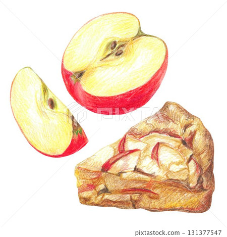 Hand drawn illustration with isolated pice of apple pie, apple slices for graphic design. Autumn sweet food. Hand drawn colored pencil illustration on white background. Hand drawn illustration with isolated pice of apple pie, apple slices for graphic design. Autumn sweet food. Hand drawn colored pencil illustration on white background. 131377547