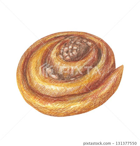 Hand drawn illustration with cinnamon bun for graphic design. Autumn sweet food. Hand drawn colored pencil illustration on white background. 131377550