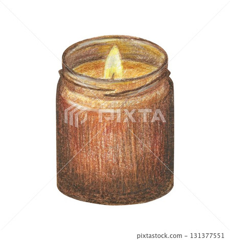 Hand drawn illustration with brown glass candle for graphic design. Hand drawn colored pencil illustration on white background. Hand drawn illustration with brown glass candle for graphic design. Hand drawn colored pencil illustration on white background. 131377551