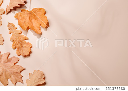 Beige background surrounded by autumn yellow leaves, seasonal backdrop Beige background surrounded by autumn yellow leaves, seasonal backdrop 131377580