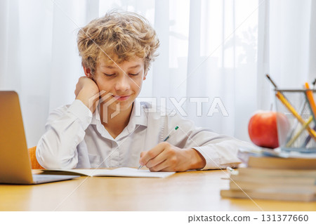 Schoolboy studying at home with laptop, notebook and learning materials 131377660