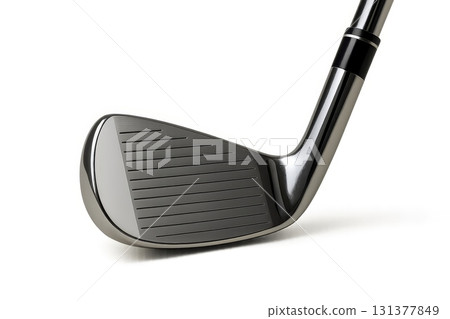 Close-up of golf club face with grooves, ideal for sports and golf equipment imagery, isolated on white background. 131377849