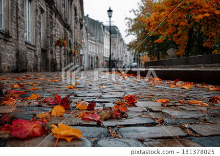 Fallen leaves on the cobblestones of an old European town 131378025