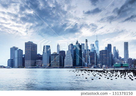 Manhattan skyline in New York at sunset 131378150