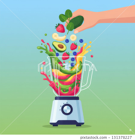 Vector illustration of a blender mixing fresh fruits and vegetables including avocado, banana, strawberry, blueberry, raspberry, and cucumber. Vector illustration 131378227