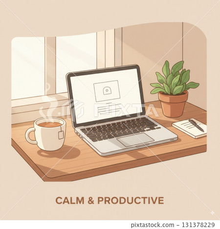 Flat vector illustration of a cozy home office workspace with a laptop, hot tea, notepad, and indoor plant by the window. Concept of productivity, mindfulness, remote working. Vector illustration Flat vector illustration of a cozy home office workspace with a laptop, hot tea, notepad, and indoor plant by the window. Concept of productivity, mindfulness, remote working. Vector illustration 131378229