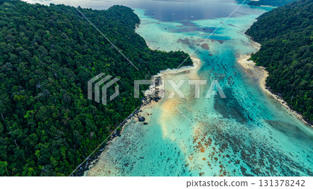 Aerial view of the green sea at Surin Island, Ao Changkad 131378242