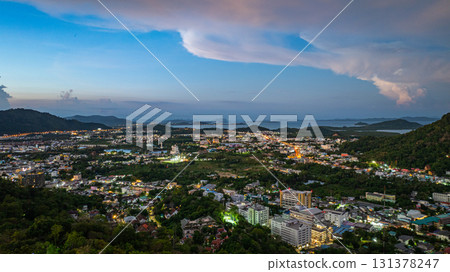 Aerial view of scenery Sunset Over Mountain Town Aerial view of scenery Sunset Over Mountain Town 131378247