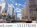 Vibrant sunny view of Chicago downtown skyline under a blue sky 131378288
