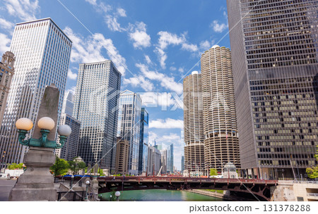 Vibrant sunny view of Chicago downtown skyline under a blue sky 131378288