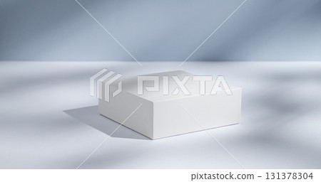 White cube, box or podium on a blue  background with shadows. 131378304