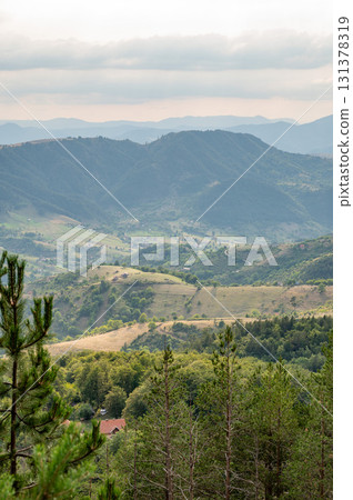 Panoramic view of green forested mountains and valleys under gloomy cloudy sky 131378319