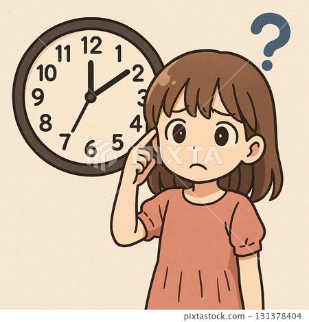 Illustration of a girl having trouble reading a clock 131378404