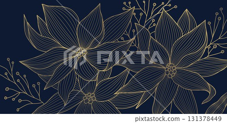 Elegant winter vector background, golden floral pattern, branches, holly ornament, modern festive style. Christmas card, banner, luxury postcard, decorative template. Elegant winter vector background, golden floral pattern, branches, holly ornament, modern festive style. Christmas card, banner, luxury postcard, decorative template. 131378449
