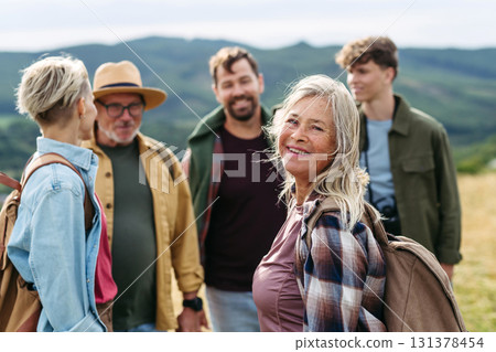 Multigenerational family on hiking trip in nature. Multigenerational family on hiking trip in nature. 131378454