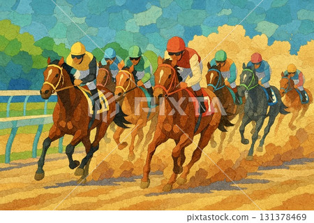Horse racing thoroughbred final spurt collage style 131378469