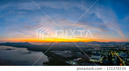 Aerial view of Panoramic Sunset Over Coastal Cityscape of Phuket 131378530