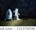 Miniature astronaut figurine with space shuttle on alien planet, gazing at starry cosmos, concept of scientific discovery and spirit of space exploration. 131378596