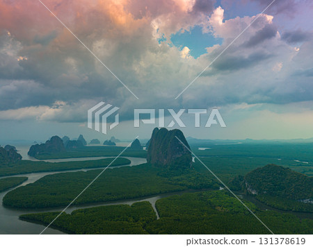 Aerial view Canals winding in the beautiful green mangrove forest sea water Aerial view Canals winding in the beautiful green mangrove forest sea water 131378619