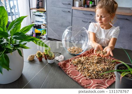 Little girl pouring stones into glass container to create drainage for future florarium or closed ecosystem. Hands-on learning, eco-friendly creativity and early involvement in nature-based projects. 131378767