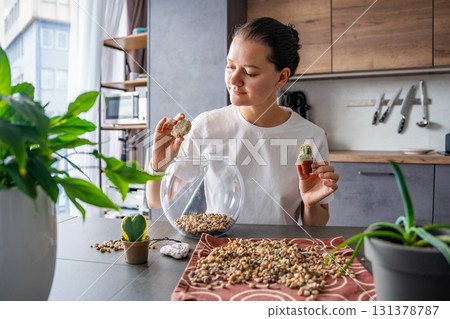 Young woman looking at small cacti while planning the arrangement of a future terrarium. Concept of creative thinking, eco-friendly design and mindful connection with nature. 131378787
