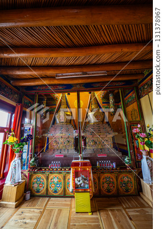 Interiors with colorful closet of traditional Tibetan historic building in Thiksay Monastery 131378967