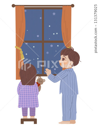 男孩和女孩從窗戶欣賞雪景的插圖 131379025