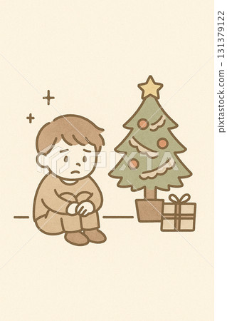 一個男孩悲傷地坐在聖誕樹前的插圖 一個男孩悲傷地坐在聖誕樹前的插圖 131379122