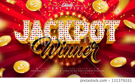 Casino Royal 3D Text Effect Design Editable Vector Graphic Style with Shadow and Gold Scalable Typography Lettering, Light Bulb Billboard, Casino Coin and Falling Confetti on Shiny Red Background 131379281