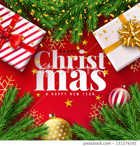 Merry Christmas and Happy New Year Greeting Card Banner with Fir Branch, Gift Box and Typography Lettering on White Background. Vector Holiday Season Design with Decoration Elements for Party Flyer Merry Christmas and Happy New Year Greeting Card Banner with Fir Branch, Gift Box and Typography Lettering on White Background. Vector Holiday Season Design with Decoration Elements for Party Flyer 131379291