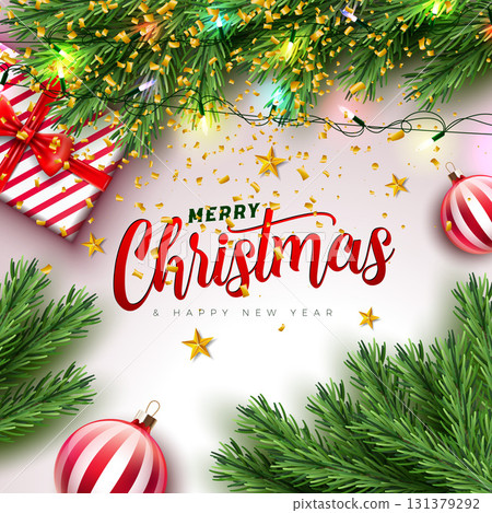 Merry Christmas and Happy New Year Greeting Card Banner with Fir Branch, Gift Box and Typography Lettering on White Background. Vector Holiday Season Design with Decoration Elements for Party Flyer Merry Christmas and Happy New Year Greeting Card Banner with Fir Branch, Gift Box and Typography Lettering on White Background. Vector Holiday Season Design with Decoration Elements for Party Flyer 131379292