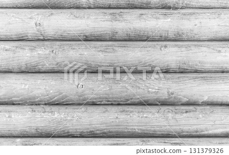 Horizontal close-up view of white wooden wall made of logs 131379326