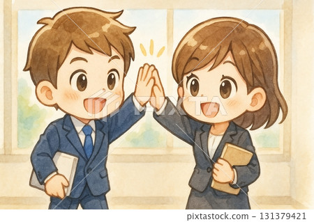 New employee chibi characters, male and female, high-fiving in the office New employee chibi characters, male and female, high-fiving in the office 131379421